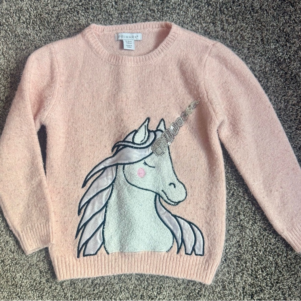 PRIMARK Girls Pink Long Sleeve Unicorn Sweater. Size 5-6 Years